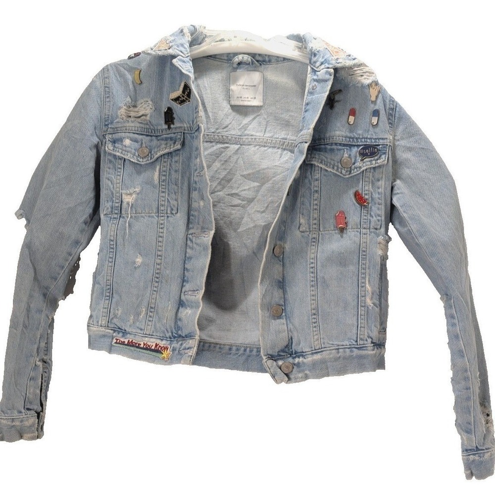 Zara Denim Jacket Womens Medium Light Blue Excellent Distressed Pins Patches